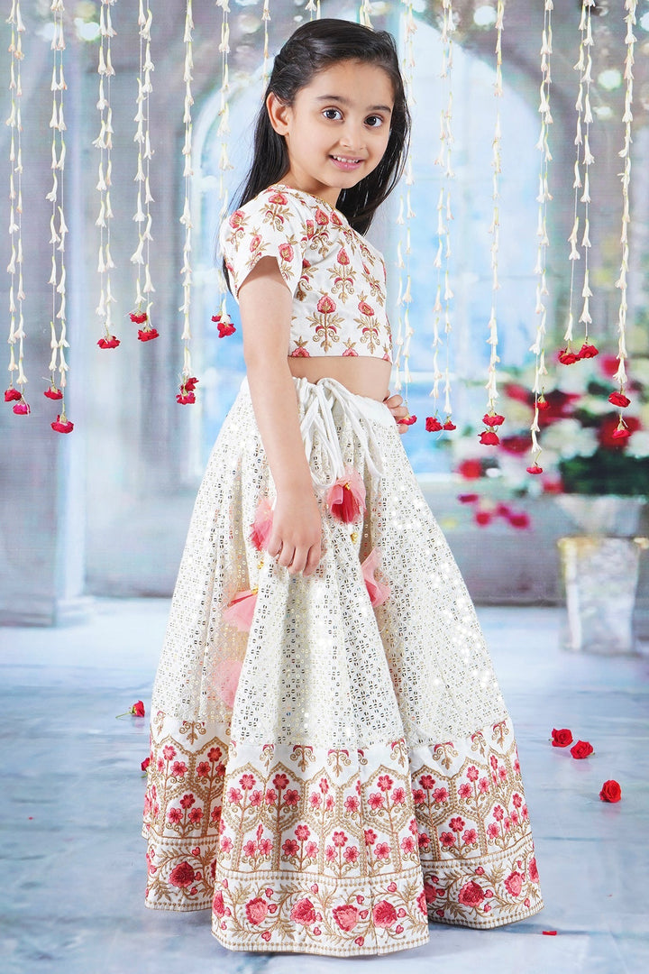 Girl Bageecha Floral Thread work Blouse with Mirror work Lehenga and Sequin moti work Dupatta, accompanied with Hand made tassel and Ghungroo work | SHOBITAM