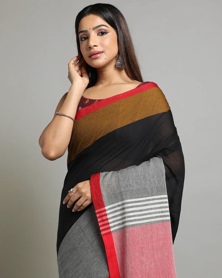 Black-Gray Handloom Colour block Cotton Saree