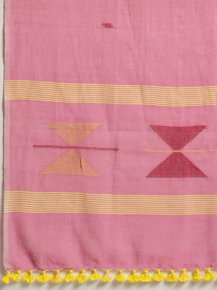 Pink Yellow Jamdani Cotton Stole | SHOBITAM