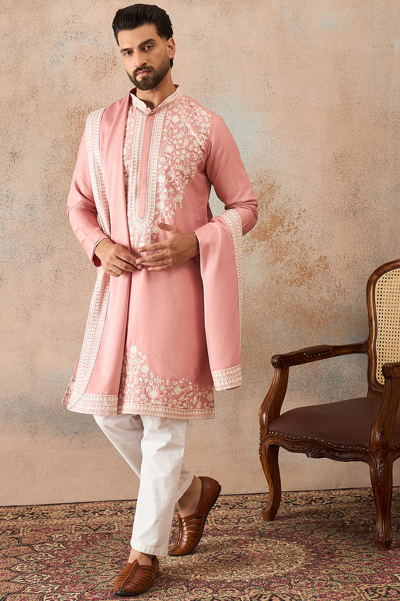 Mens Peach Silk Blend Solid Embroidered Kurta Trouser With Dupatta | SHOBITAM