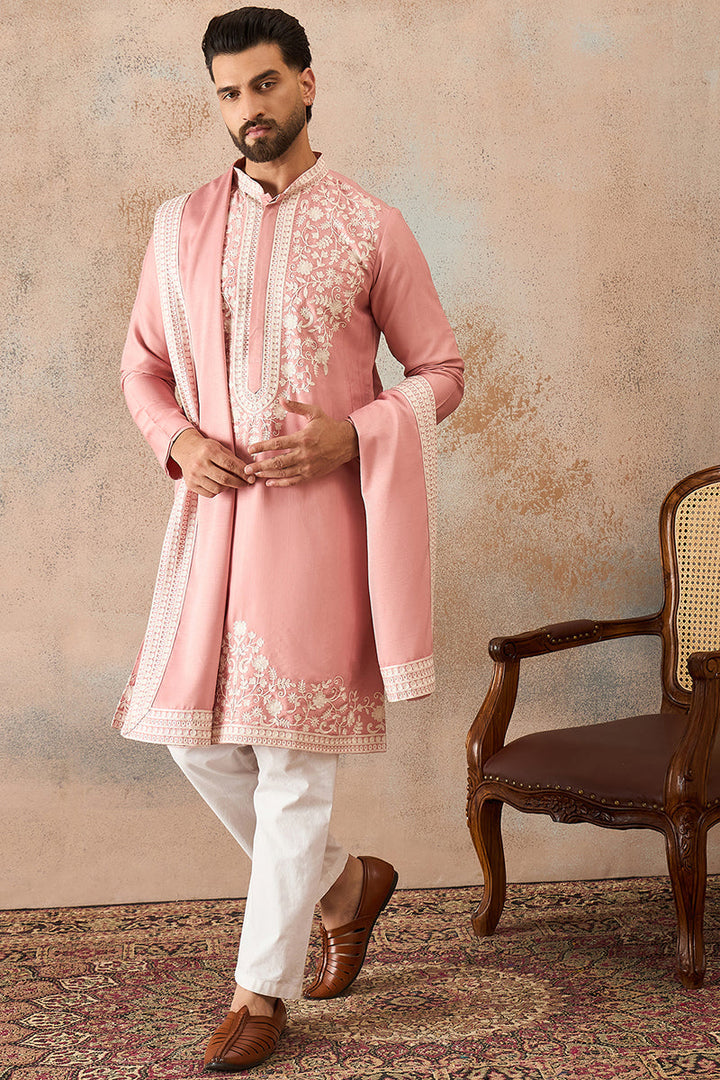 Mens Peach Silk Blend Solid Embroidered Kurta Trouser With Dupatta | SHOBITAM
