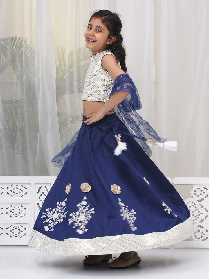 Girls Silk Brocade Kali Work Lehenga with Floral Thread Work & Sequin work Sleeveless Blouse with Dupatta - Royal Blue | SHOBITAM