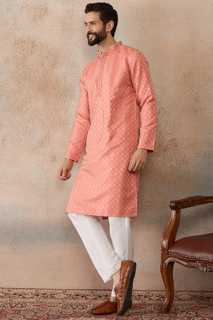 Mens Coral Jacquard Ethnic Motifs Embroidered Kurta | SHOBITAM