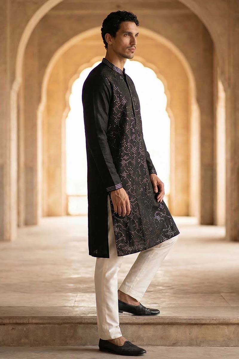 Silk Blend Black Solid Embroidered Calf Length Straight Kurta | SHOBITAM