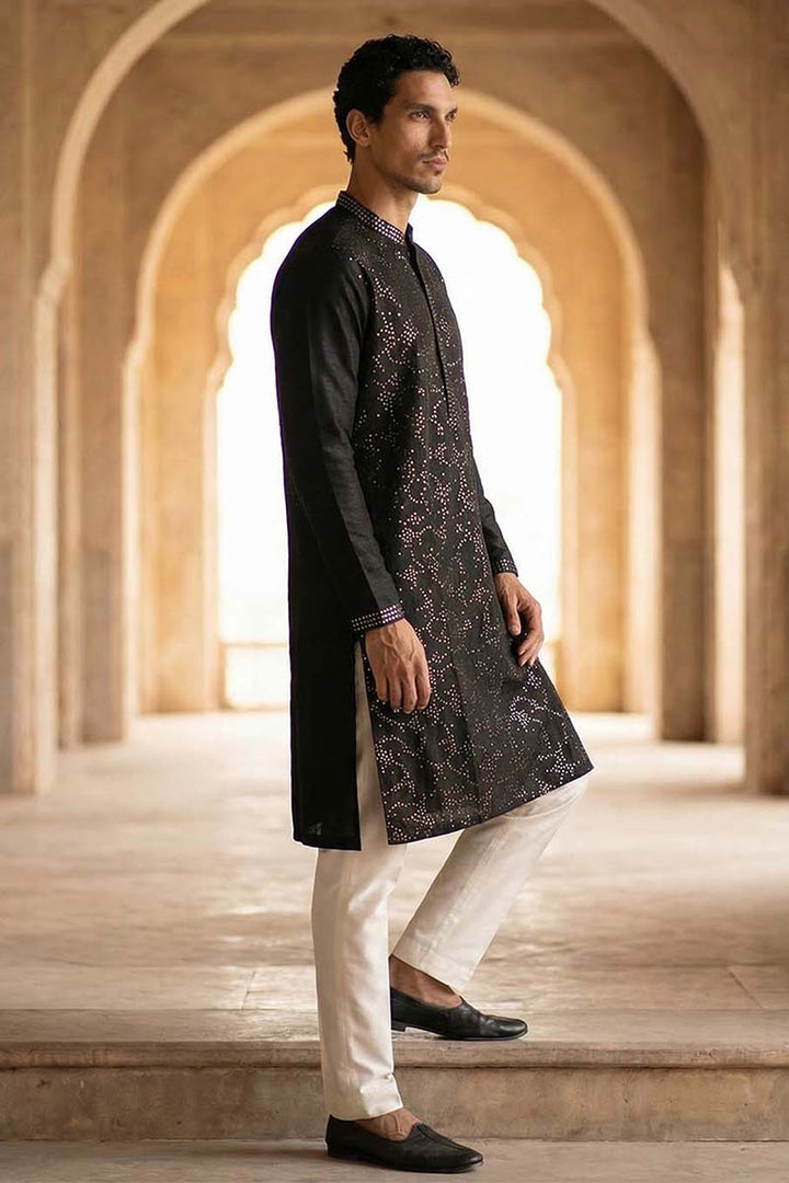 Silk Blend Black Solid Embroidered Calf Length Straight Kurta | SHOBITAM