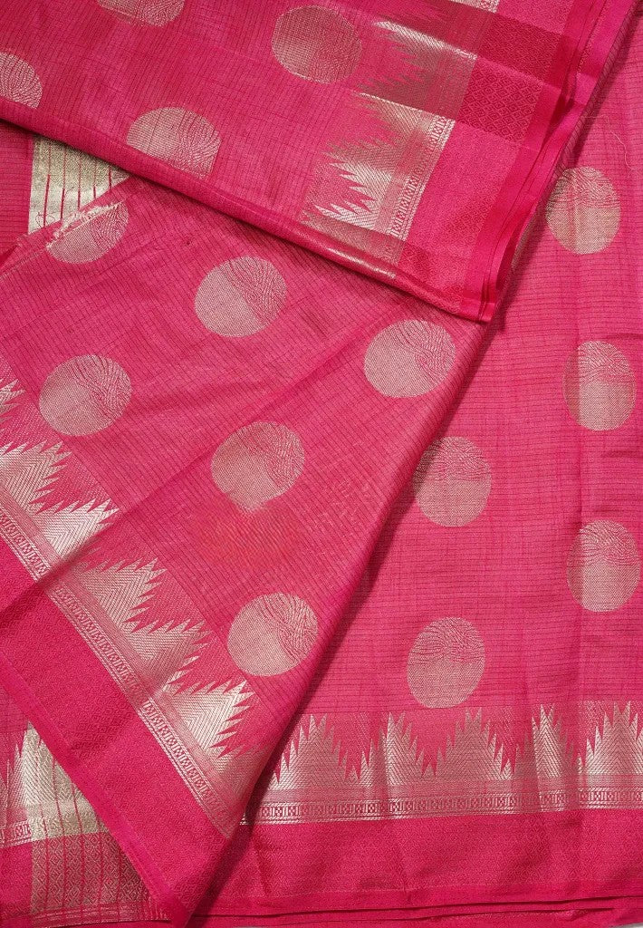 Strawberry Pink Semi tussar saree with Temple Border with Buttas | SHOBITAM