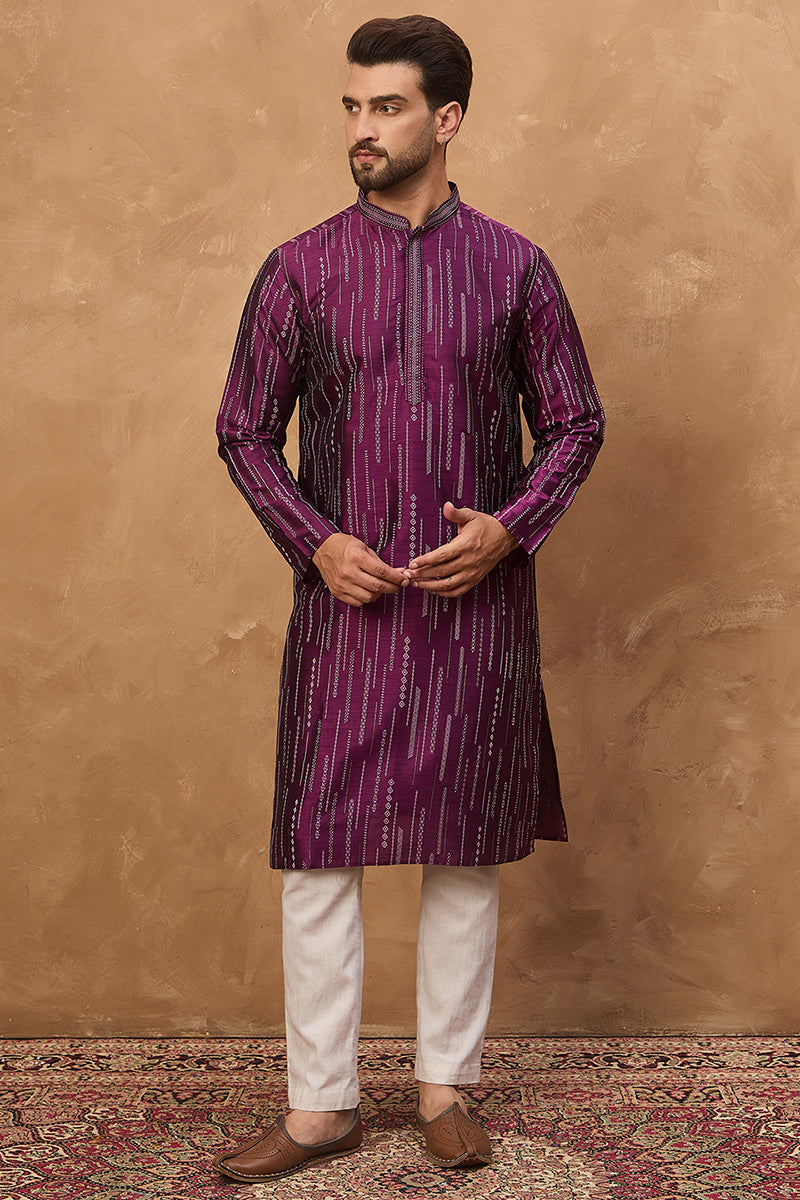 Purple Silk Blend Geometric Printed Straight Kurta | SHOBITAM