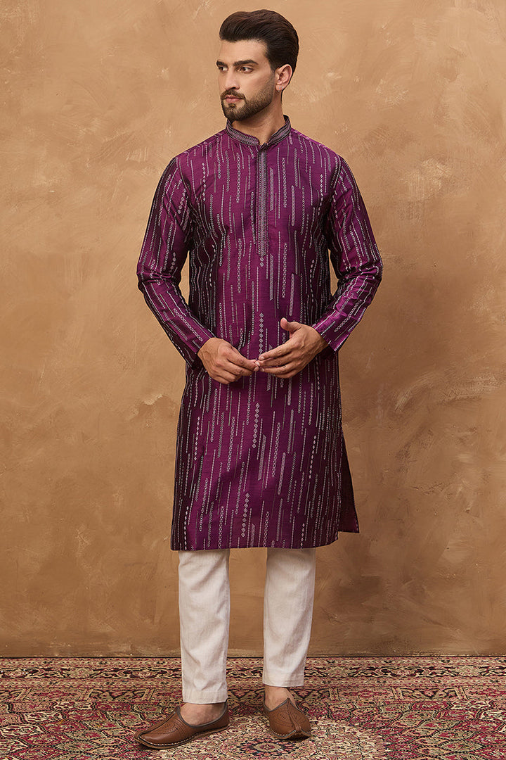 Purple Silk Blend Geometric Printed Straight Kurta | SHOBITAM