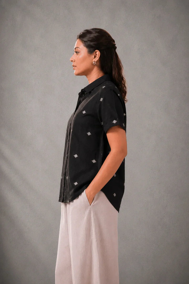 Black Yantra Motifs Jamdani Shirt | SHOBITAM