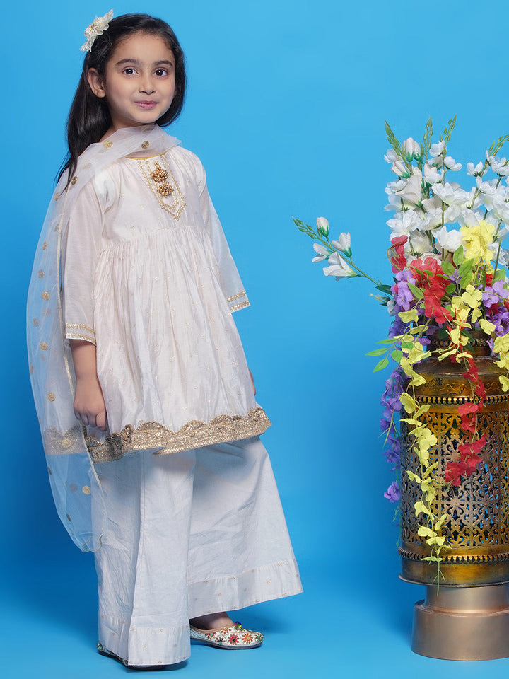 Girls Chanderi Cotton Three Fourth Sleeves Kurta Frock with Plazzo and Dupatta with Boota, Lace & Tussel work - Cream | SHOBITAM