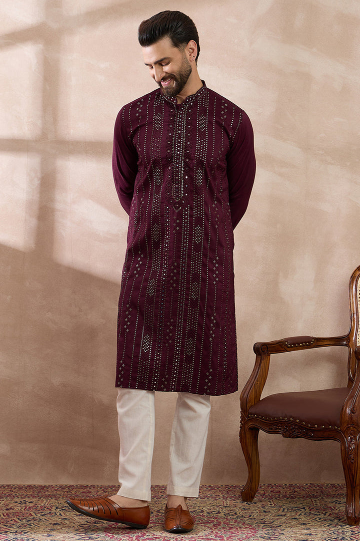 Purple Silk Blend Embroidered Mandarin Collar Straight Kurta For Men | SHOBITAM