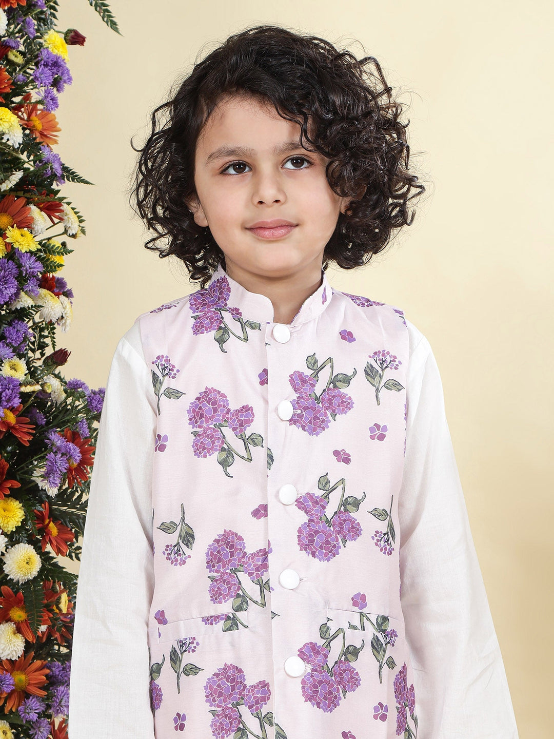 Baby Purple Floral Muslin Nehru Jacket with Cream Cotton Kurta Dhoti Set | SHOBITAM