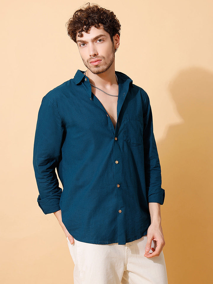 Men Handloom Cotton Solid Shirt, in Dark Blue