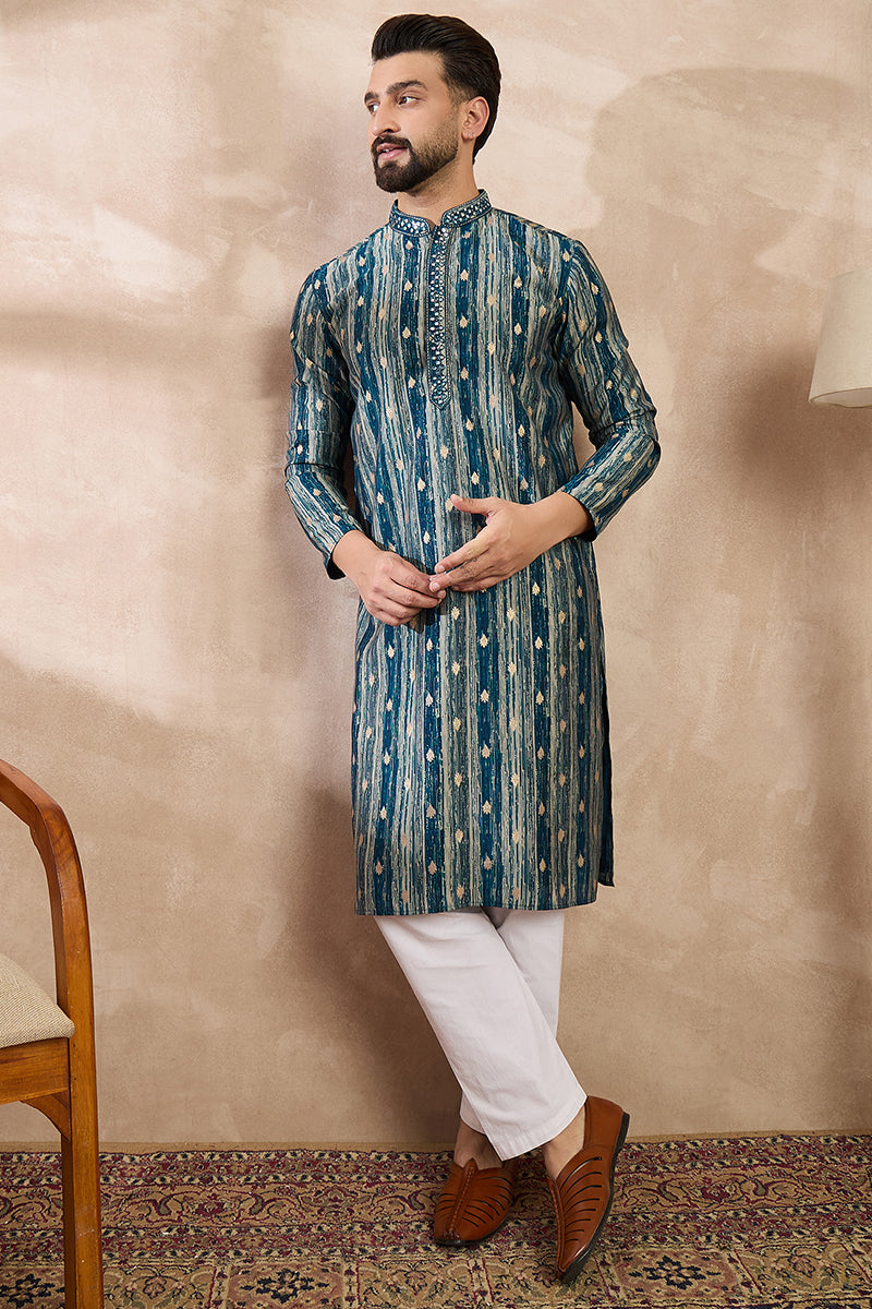 Turquoise Blue Silk Blend Abstract Printed Straight Kurta With Trouser | SHOBITAM