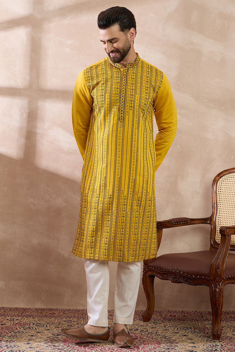 Yellow Silk Blend Embroidered Mandarin Collar Straight Kurta With Trouser | SHOBITAM
