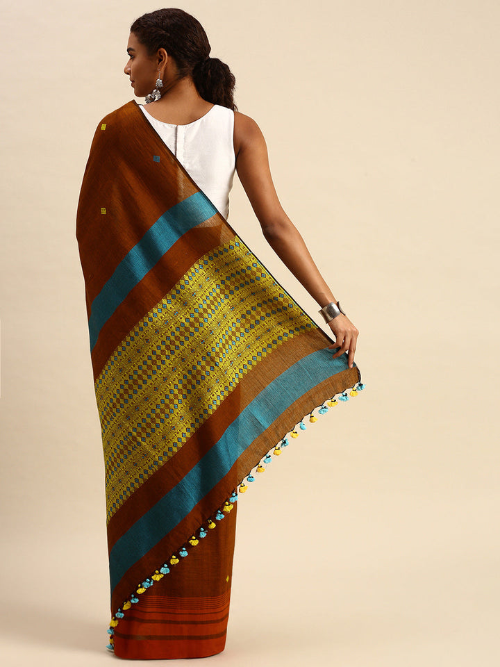 Rust Brown Hand woven Assamese Cotton Saree