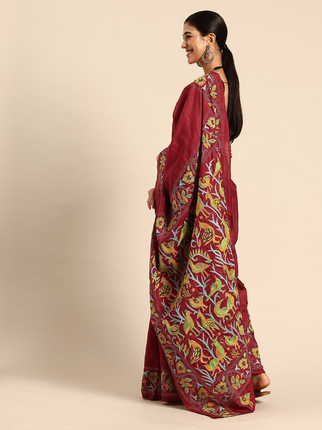 Red Bird Design Artsilk Kantha Saree with Blouse piece