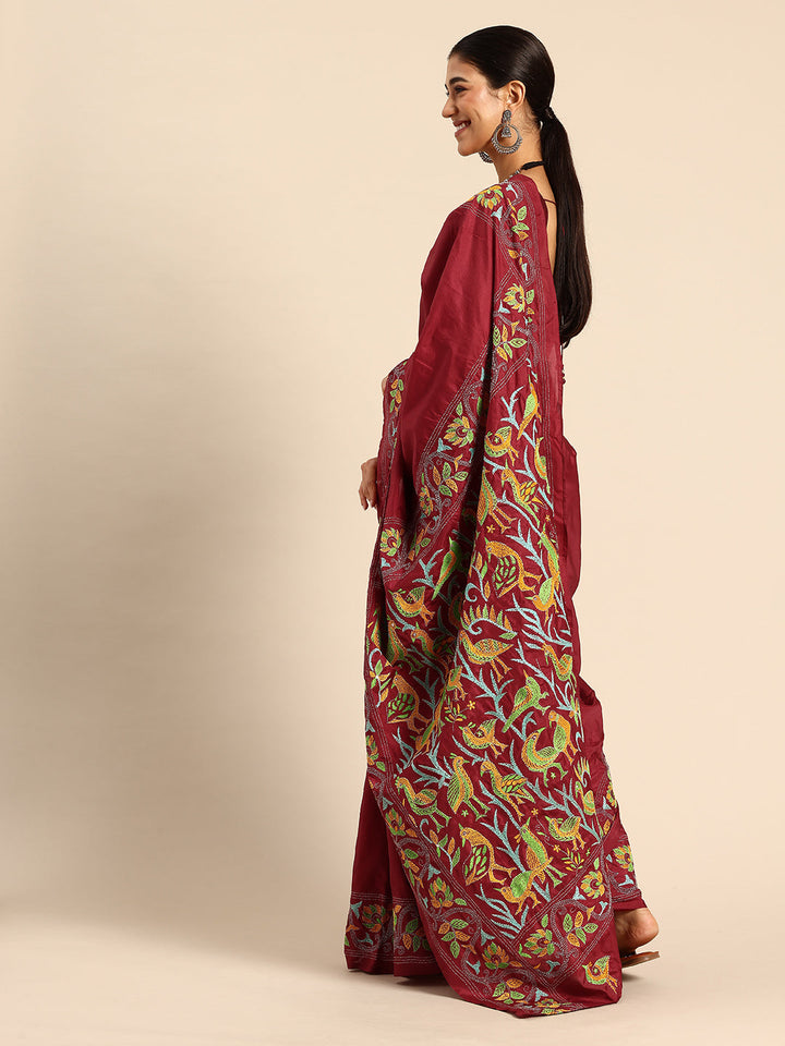 Red Bird Design Artsilk Kantha Saree with Blouse piece