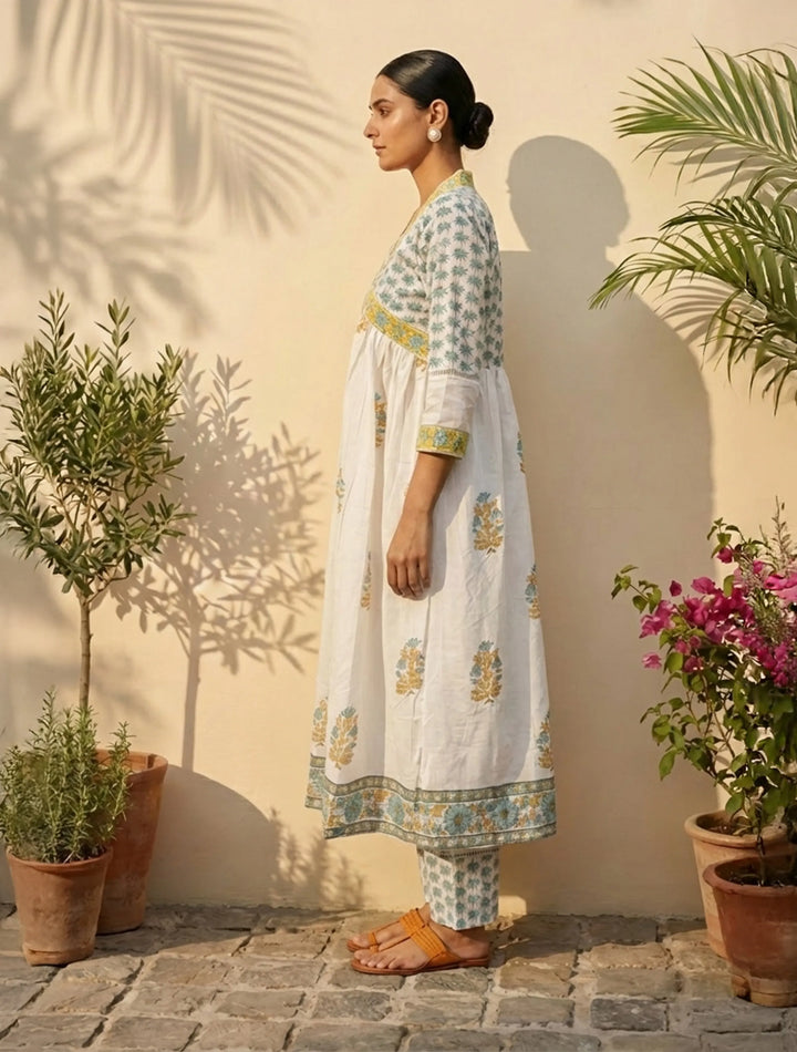 White Yellow Printed Anarkali Kurta Pant Dupatta Set | SHOBITAM