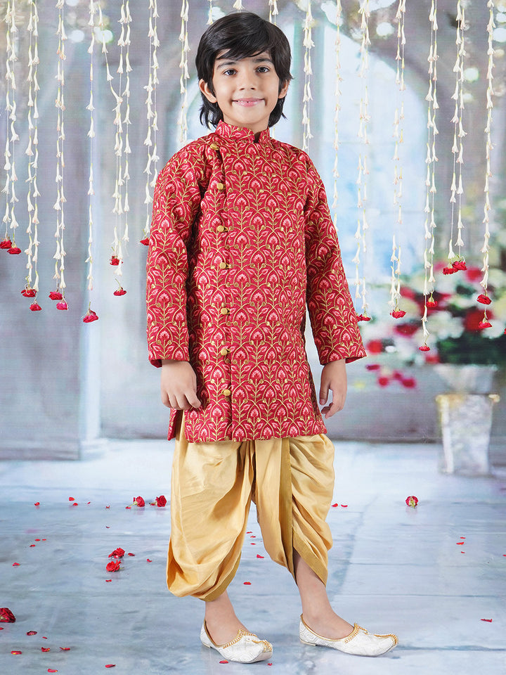 Boys Bageecha Floral Thread work Angrakha Sherwani with Beige Silk Dhoti in Cherry Red | SHOBITAM