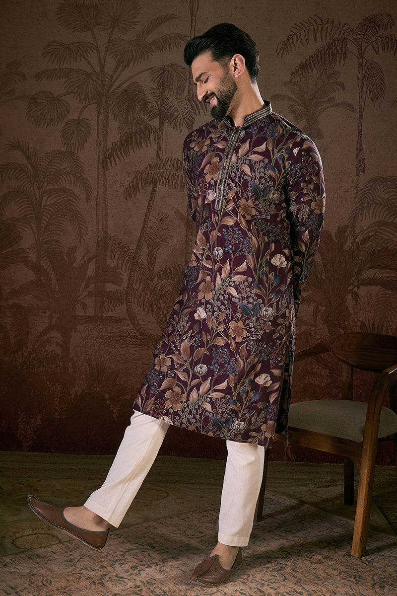 Purple Silk Blend Floral Printed Straight Kurta With Trouser | SHOBITAM