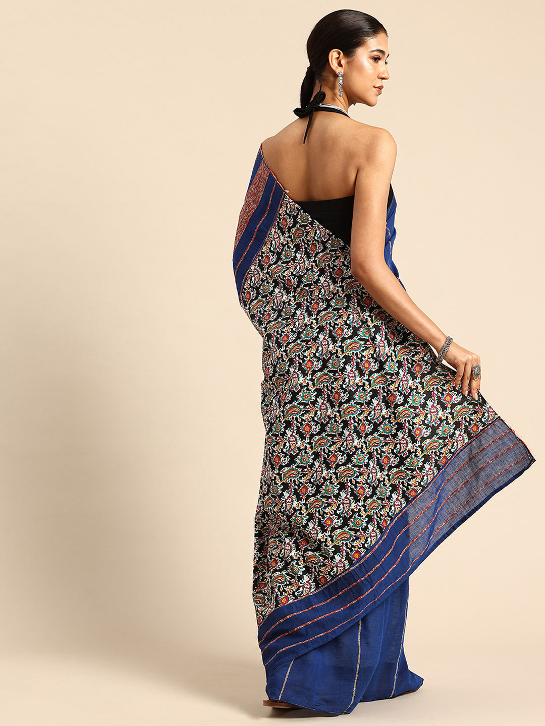 Dark Blue Ajrak Print Khesh Saree with Blouse piece | SHOBITAM