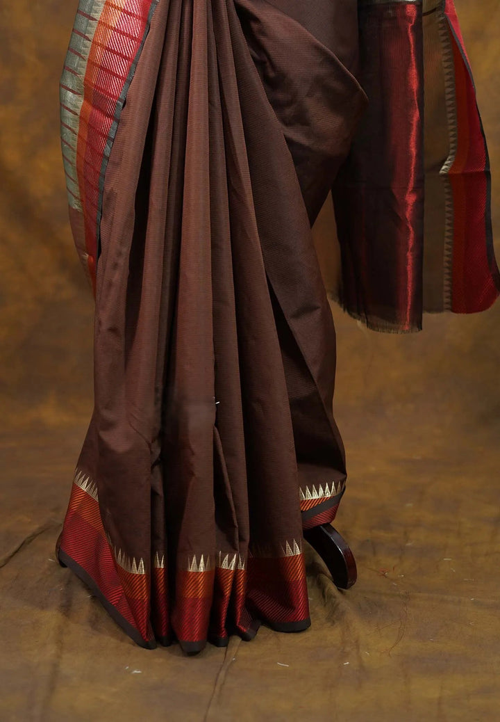 Taupe Grey and Brown - Patli Pallu Saree in Semi Silk Cotton | SHOBITAM