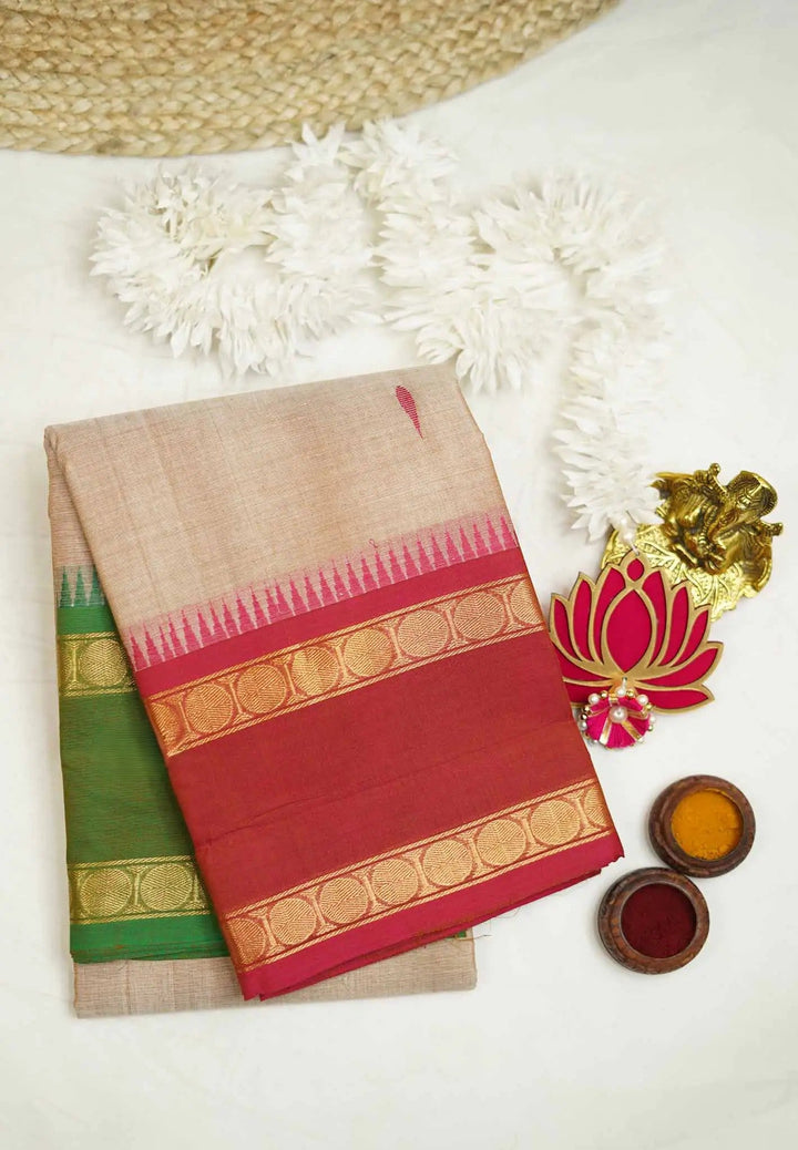 Chalk Beige Mercerized cotton Rudhraksham Ganga Jamuna border | SHOBITAM
