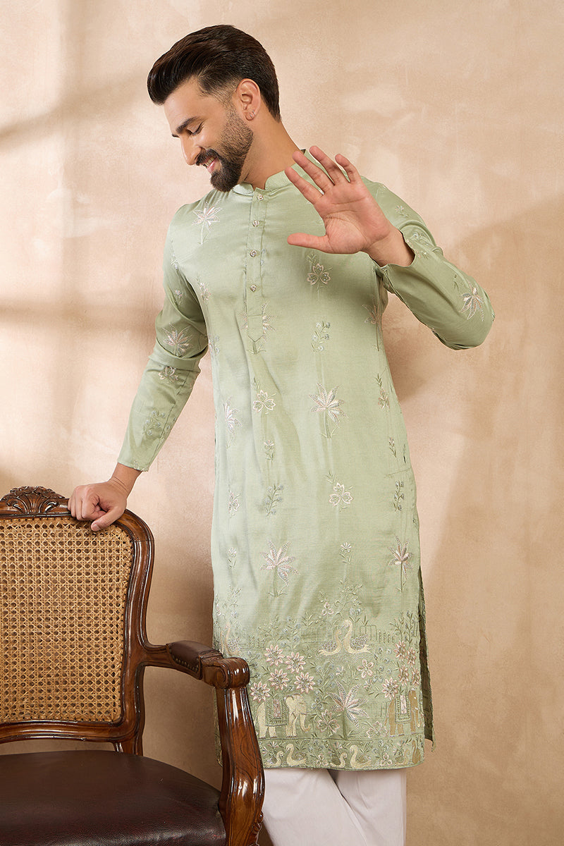 Olive Silk Blend Solid Embroidered Straight Kurta | SHOBITAM