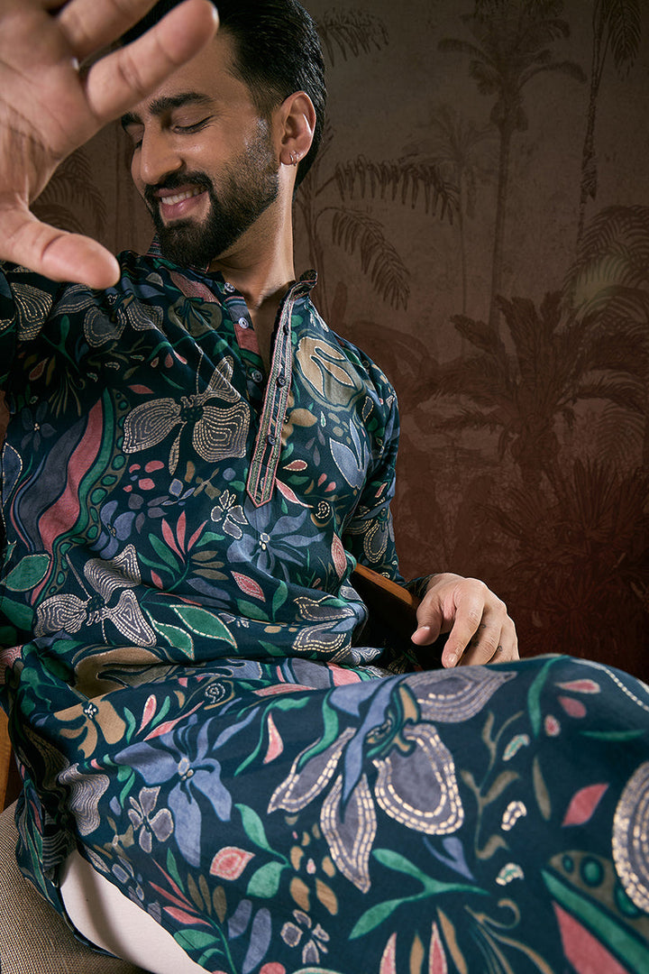 Blue Silk Blend Floral Printed Straight Kurta | SHOBITAM