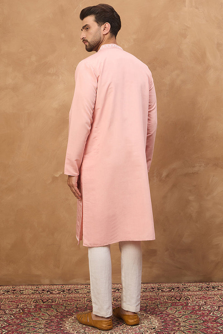 Peach Silk Blend Solid Solid Straight Kurta | SHOBITAM