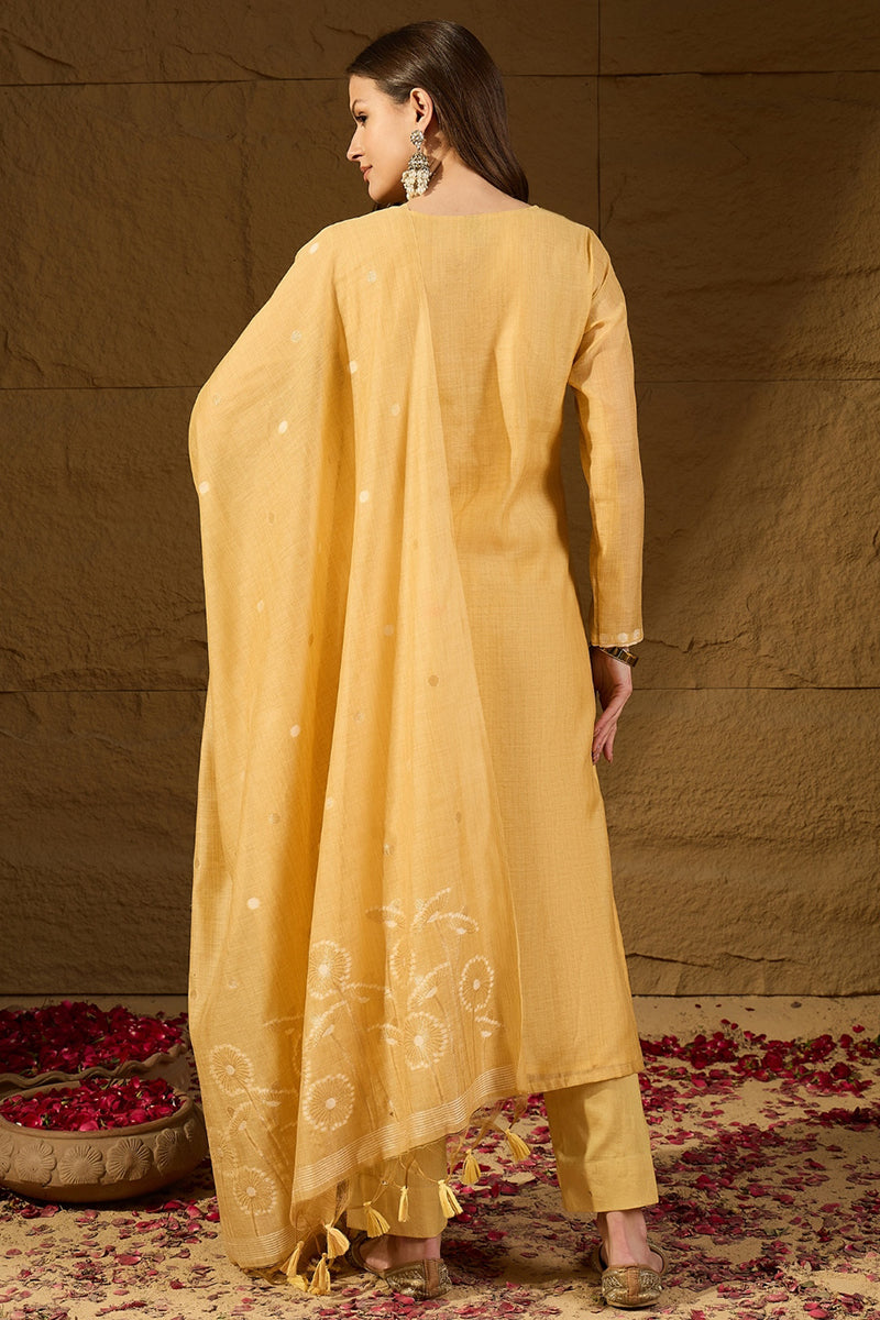 Yellow Chanderi Woven Design Straight Kurta Trouser with Dupatta | SHOBITAM