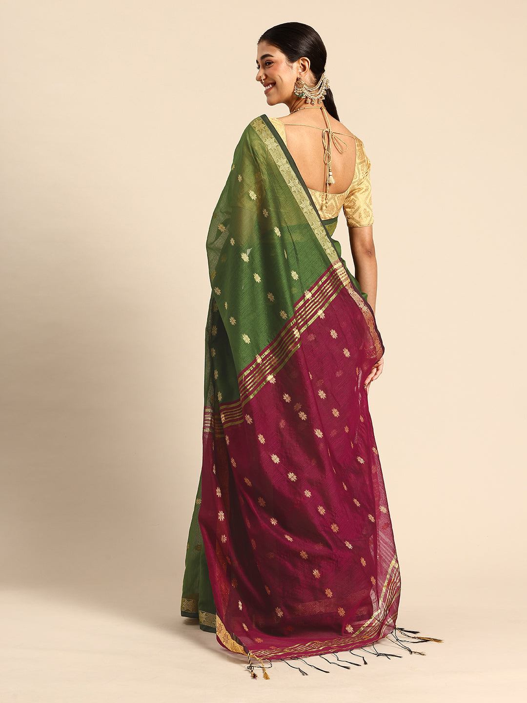 Pista Green & Magenta Zari Buti Silk Cotton Saree with blouse piece | SHOBITAM