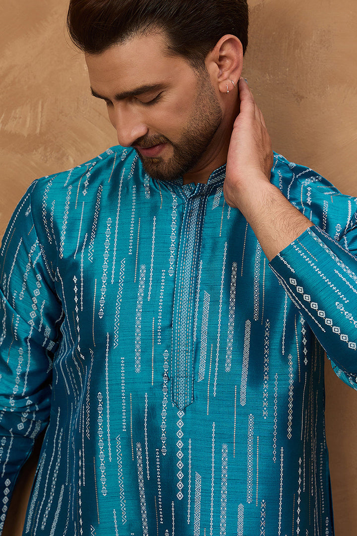 Blue Silk Blend Geometric Printed Straight Kurta | SHOBITAM