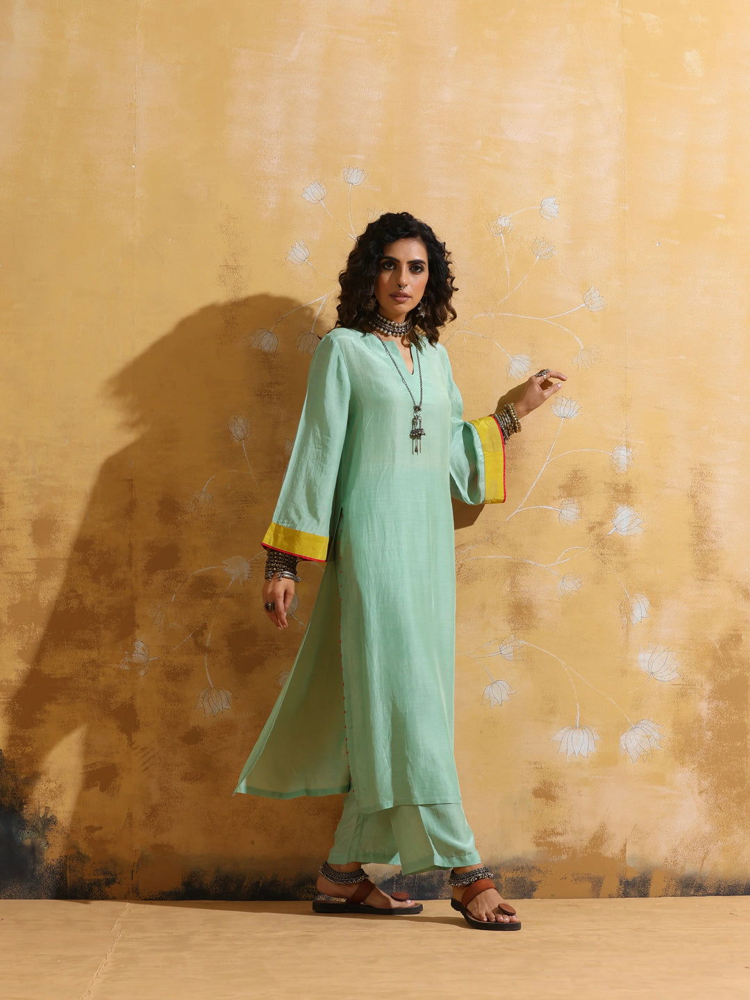 Mint Green Muslin Silk High-Slit Kurta Pant Set  | SHOBITAM