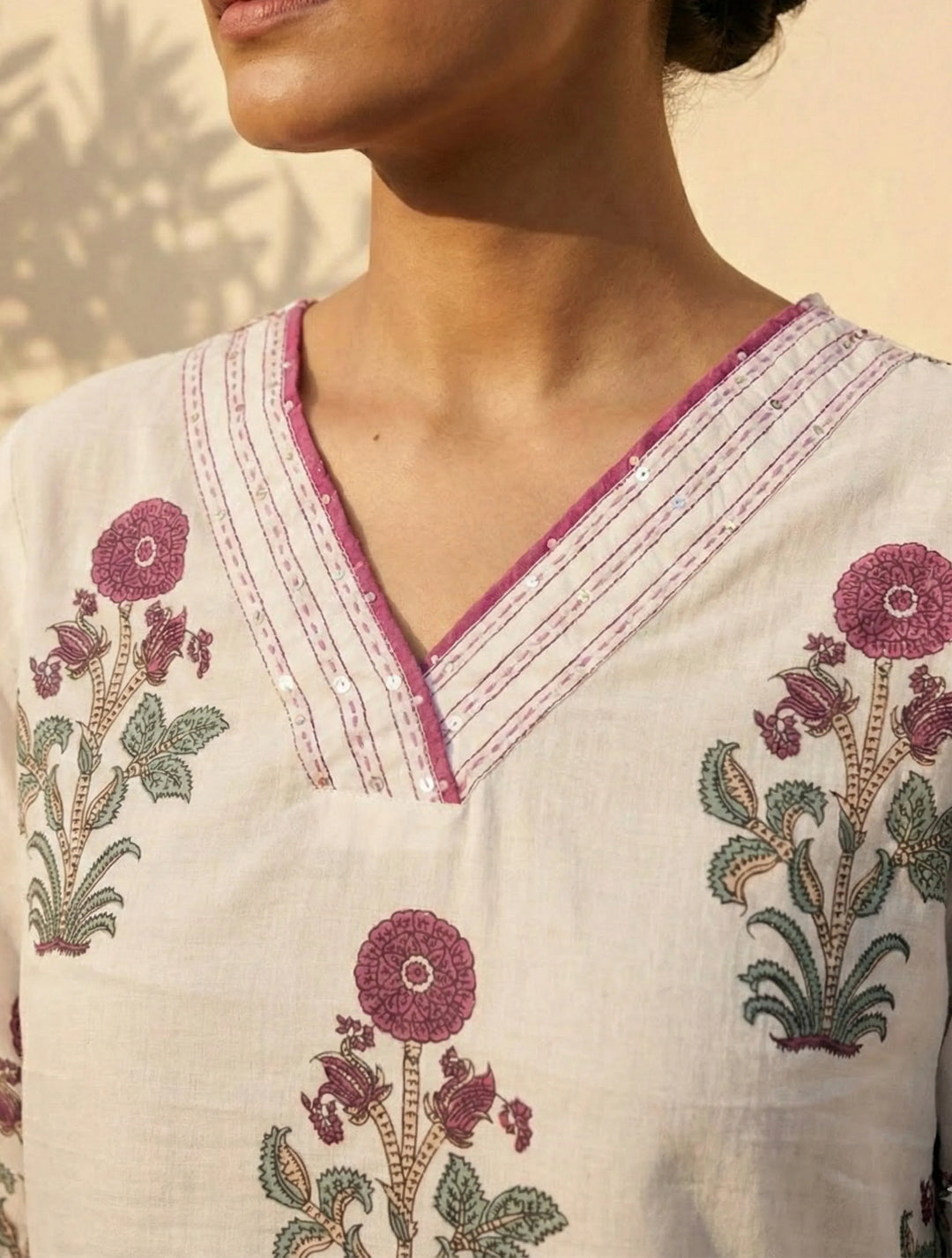 White Purple Print V-Neck Kurta Pant Dupatta Set | SHOBITAM