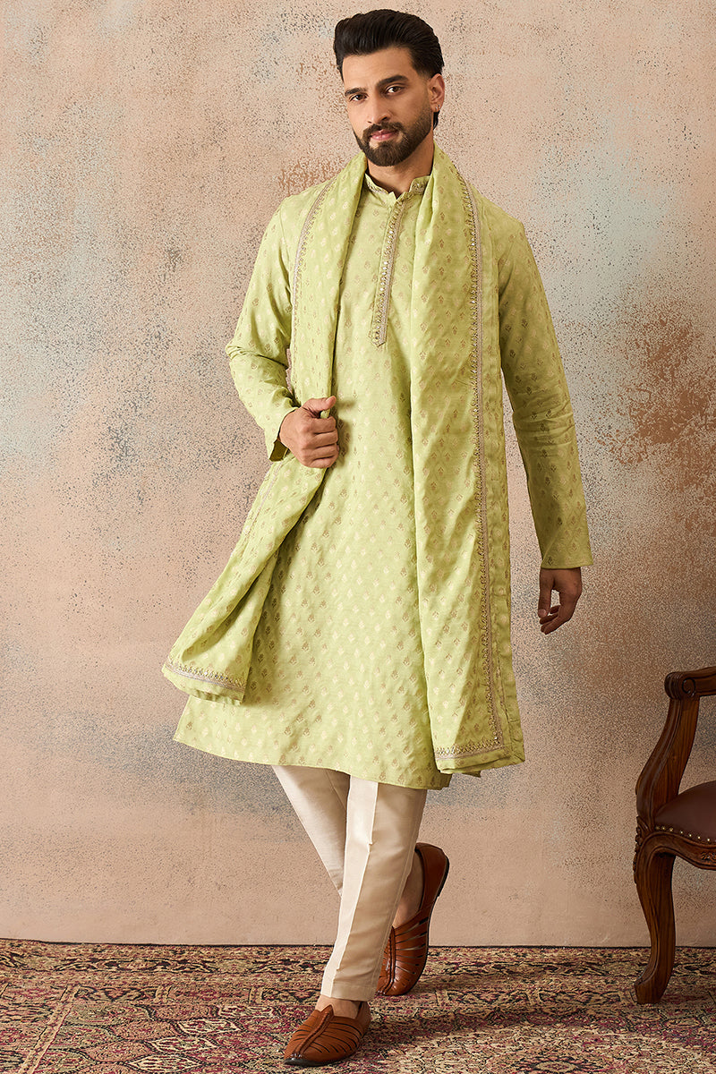 Men Green Jacquard Woven Design Floral Straight Kurta Sets  | SHOBITAM