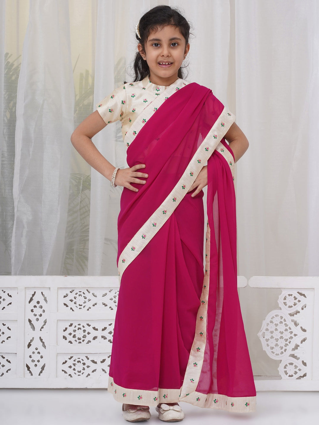 Girls Brocade Short Sleeves Sequin Floral Embroidery Ready to wear Blouse with Ready to wear Georgette Saree - Rani | SHOBITAM