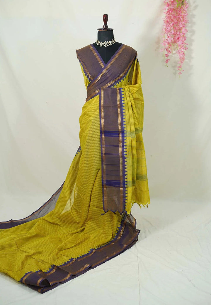 Moss Green Karthigai mercerized cotton rettapeta border with muthu kattam | SHOBITAM
