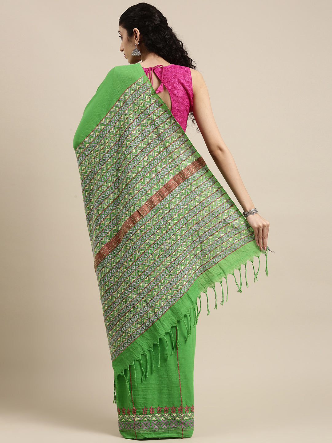 Parrot Green Khesh Kantha Cotton Saree