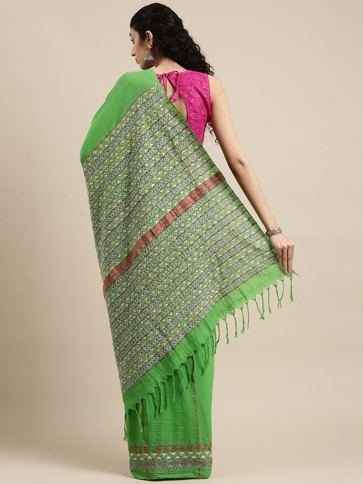 Parrot Green Khesh Kantha Cotton Saree