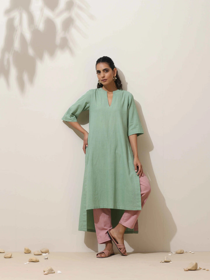 Mint Green Cotton Linen Kurta Pant Set | SHOBITAM