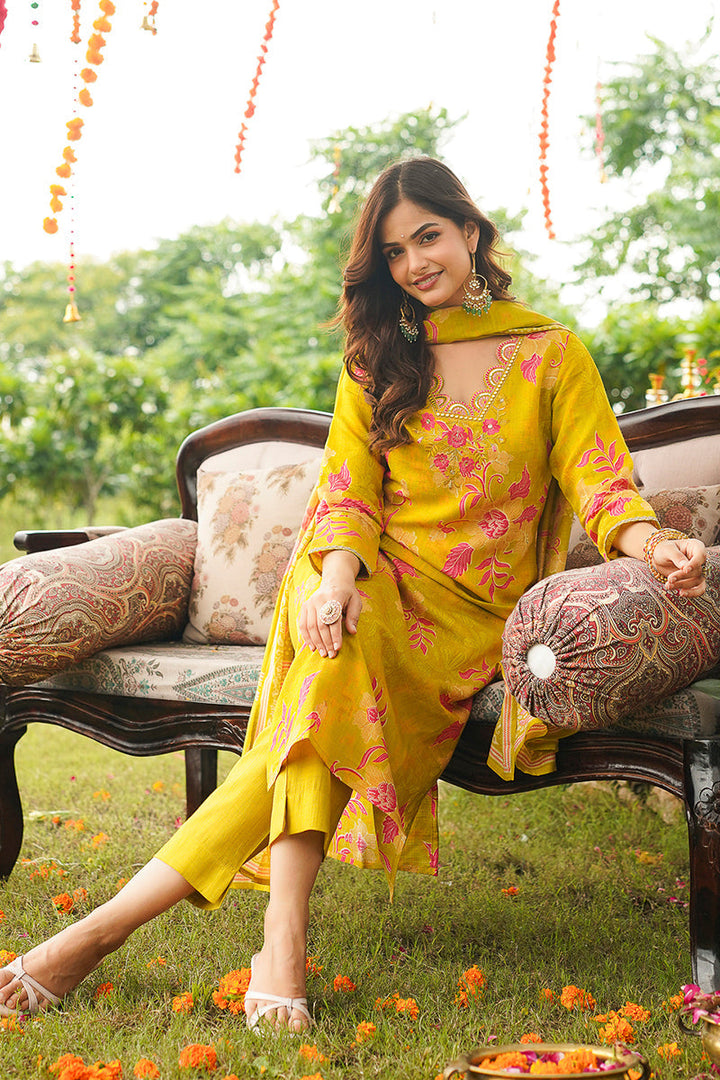 Yellow Viscose Rayon Floral Embroidered Straight Kurta Trousers With Dupatta | SHOBITAM