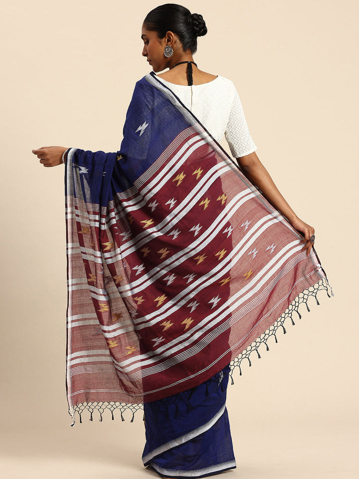 Blue & Red Handloom Cotton Jamdani Saree | SHOBITAM