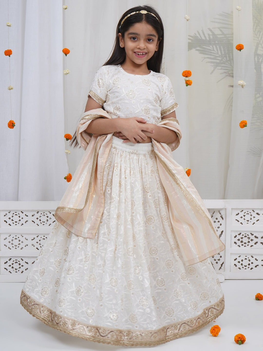 Girls White Floral Embrodiery Royal Lehenga Set | SHOBITAM