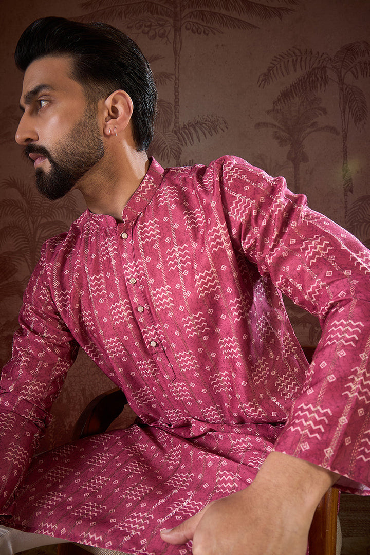 Pink Silk Blend Ethnic Motifs Printed Straight Kurta For Men | SHOBITAM