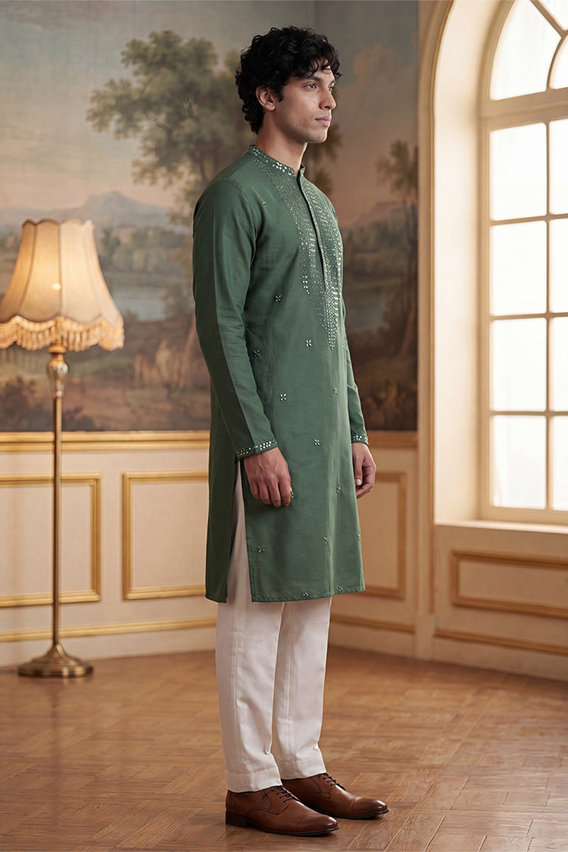 Mens Green Silk Blend Solid Emboidered Sequins Kurta With Trouser | SHOBITAM