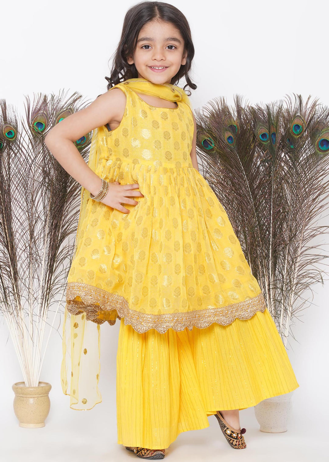 Banarsi Floral Frock Style Kurta with Gold Strip Sharara & Dupatta -Haldi Yellow | SHOBITAM