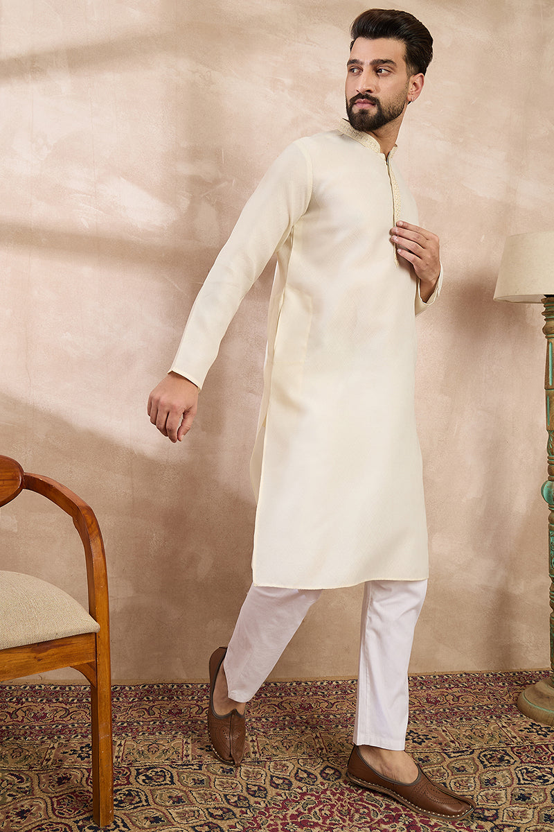Off White Silk Blend Solid Embroidered Straight Kurta With Trouser For Men | SHOBITAM