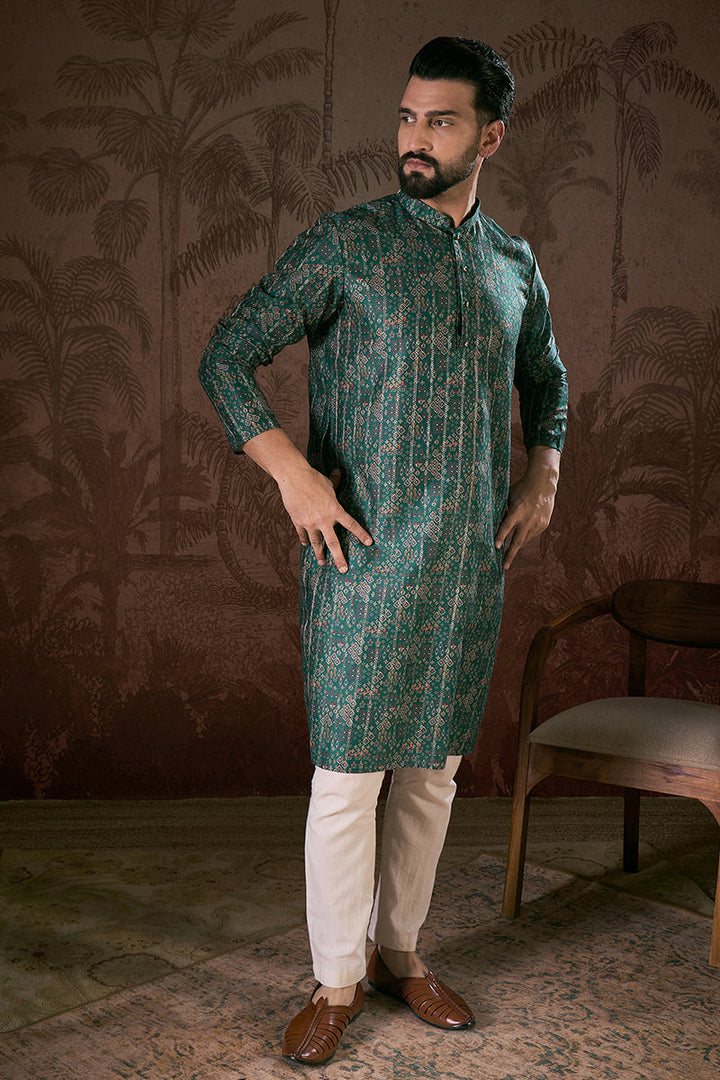 Sea Green Silk Blend Ethnic Motifs Printed Straight Kurta With Trouser | SHOBITAM
